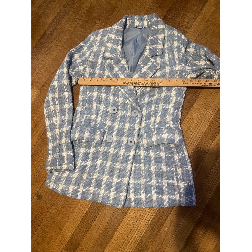 HYFVE Blue White Plaid Tweed Double Breasted Blazer Jacket Womens S Quiet Luxury - Picture 4 of 10